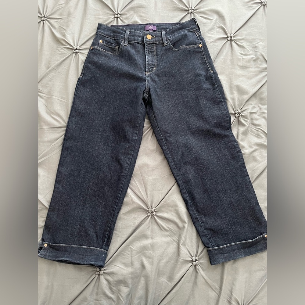 NYDJ Indigo Denim Capris with bling jewel cuffs